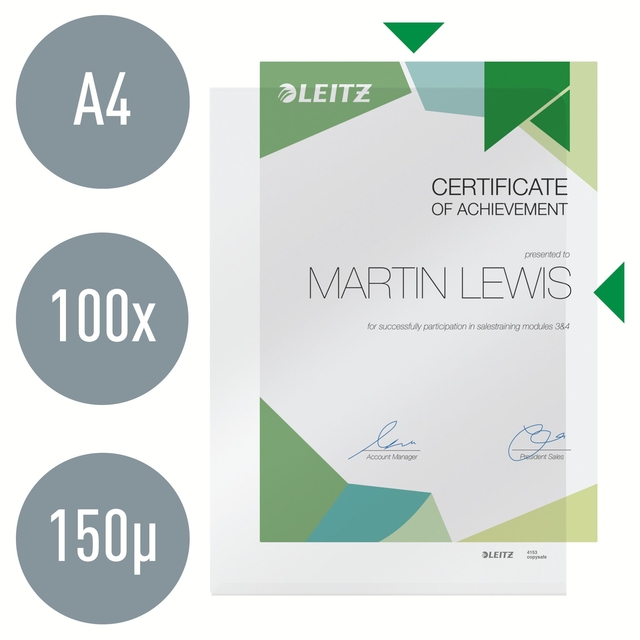 Insteekmap L-model Leitz Premium copy safe 0.15mm PVC A4 transparant 100 stuks