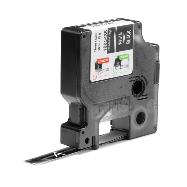 Labeltape Dymo Rhino industrieel vinyl 12mm wit op zwart