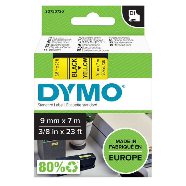 Dymo Tape 9mmx7M Blk/Yell 40918/S0720730