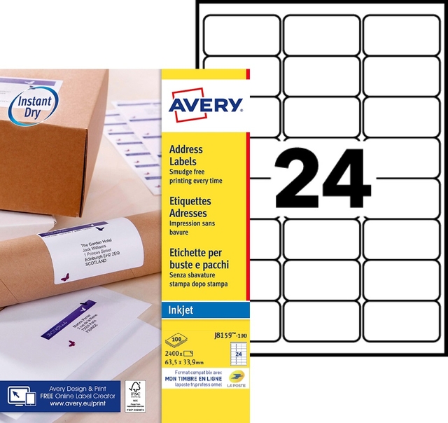 Etiket Avery J8159-100 63.5x33.9mm wit 2400stuks