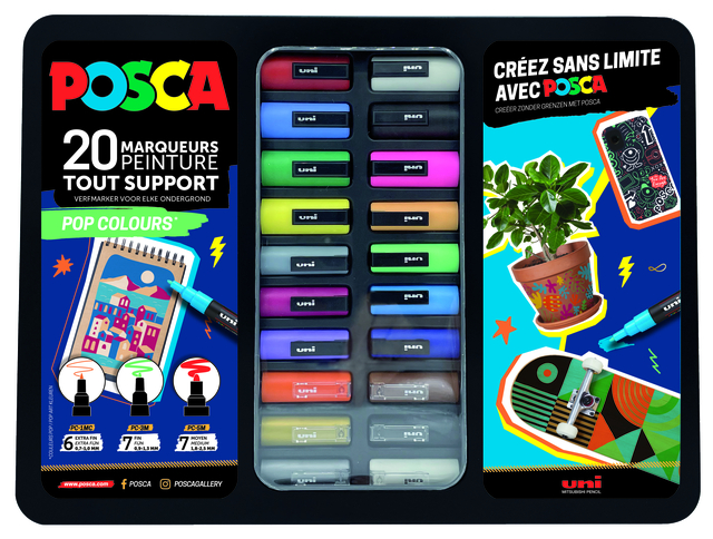 Verfstift Posca Pop Colours assorti metalen koffer à 20 stuk