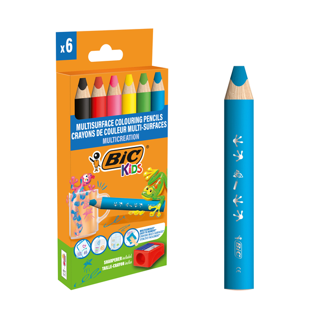 Kleurpotloden BicKids Multi Surface inclusief puntenslijper assorti pak à 6 stuk