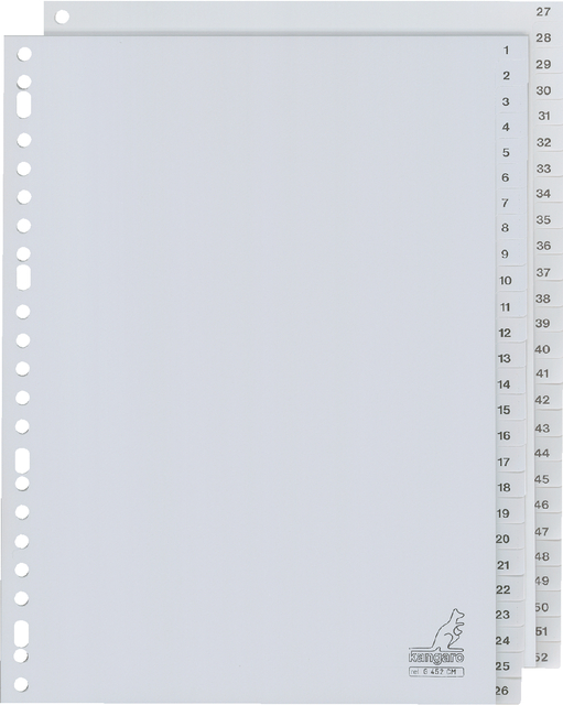 Dividers Kangaro A4 PP 120 micron 23 holes 52 tabs numbered grey