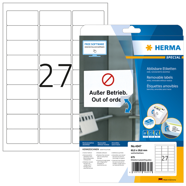 Label HERMA 4347 63.5x29.6mm removable white 675 labels