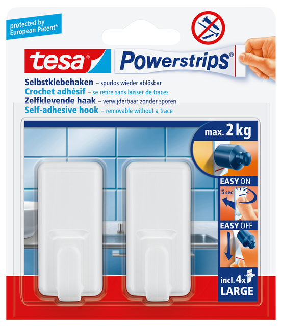 Haken tesa Powerstrips® LARGE Classic zelfklevend verwijderbaar wit 2 stuk
