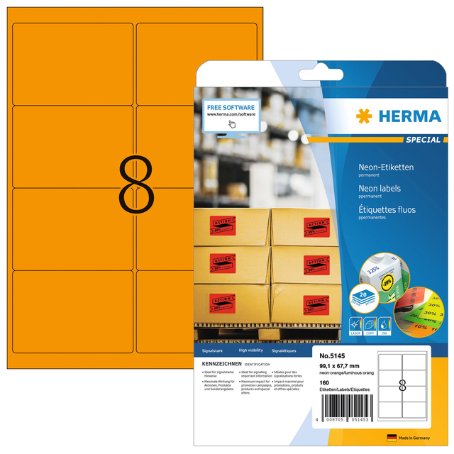 Etiket HERMA 5145 99.1x67.7mm fluor oranje 160 stuks