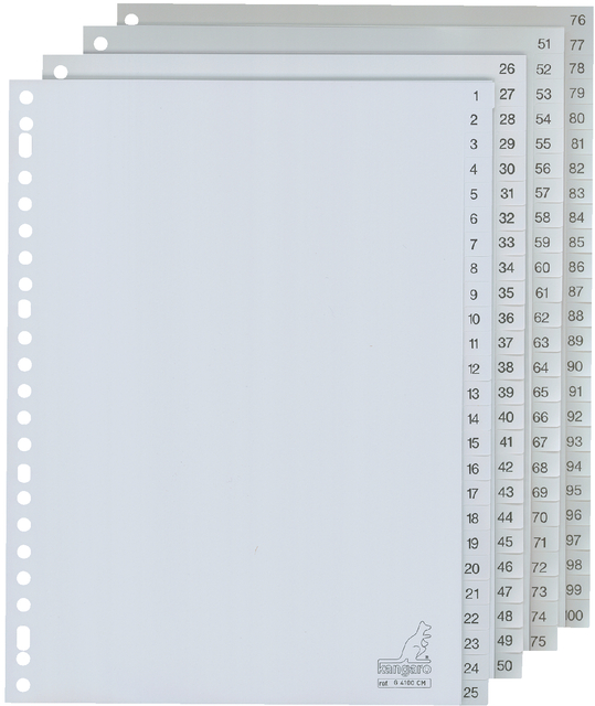 Dividers Kangaro A4 PP 120 micron 23 holes 100 tabs numbered grey