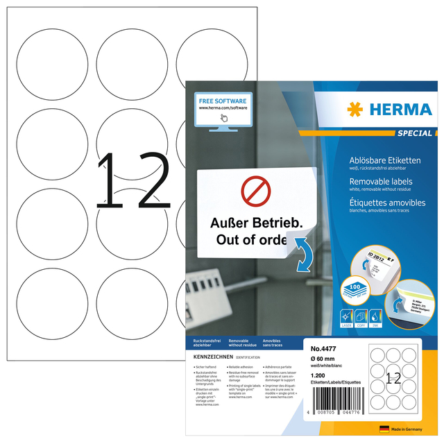 Label HERMA 4477 60mm removable white 1200 labels