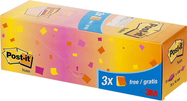 Memo pad 3M Post-it 654 76x76mm neon assorted 21 + 3 free
