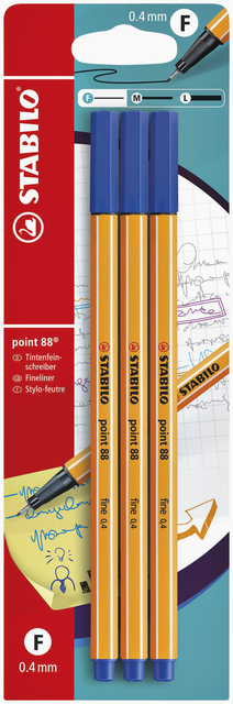 Fineliner STABILO point 88 fijn blauw blister à 3 stuk