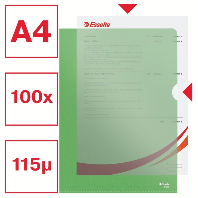 Insteekmap L-model Esselte standaard A4 0.11mm PP groen 100 stuks
