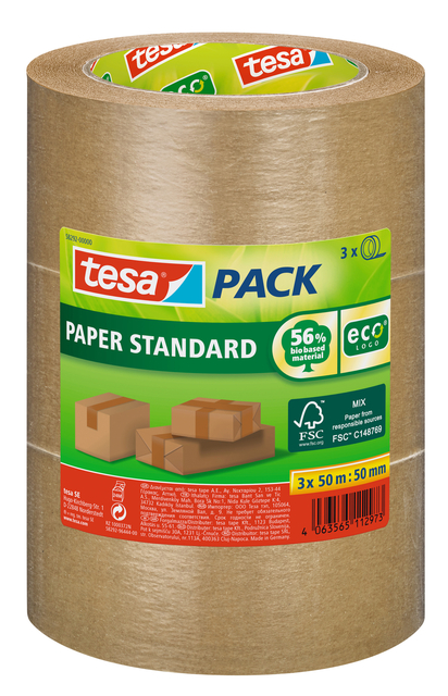 Verpakkingstape tesapack® Papier Standard ecoLogo 50mx50mm bruin bundel 3 rolle