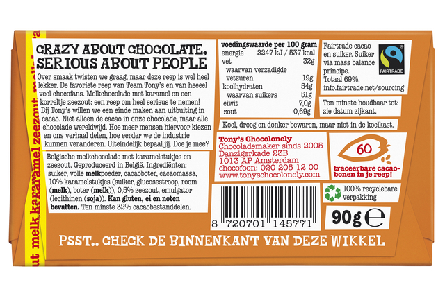 Chocolade Tony's Chocolonely melk karamel zeezout reep 90 gram
