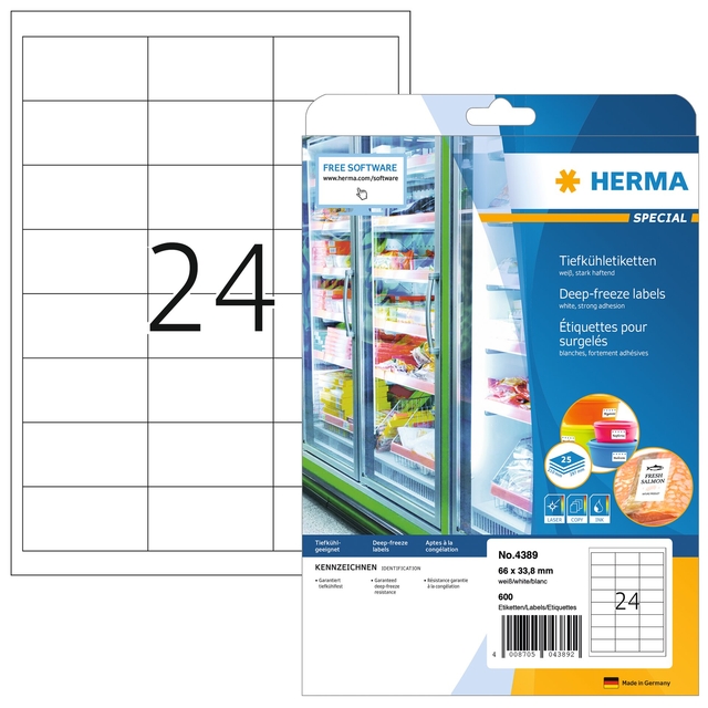 Deep-freeze labels A4, 66 x 33,8 mm, white, freezer-proof