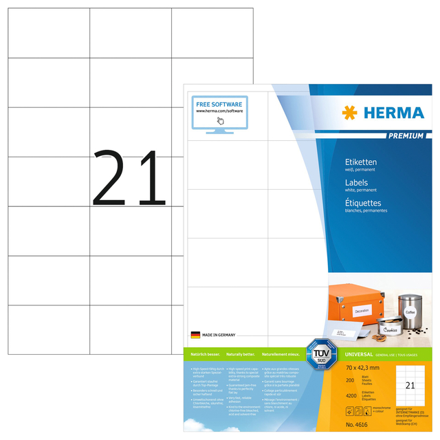 Etiket HERMA 4616 70x42.3mm premium wit 4200 stuks