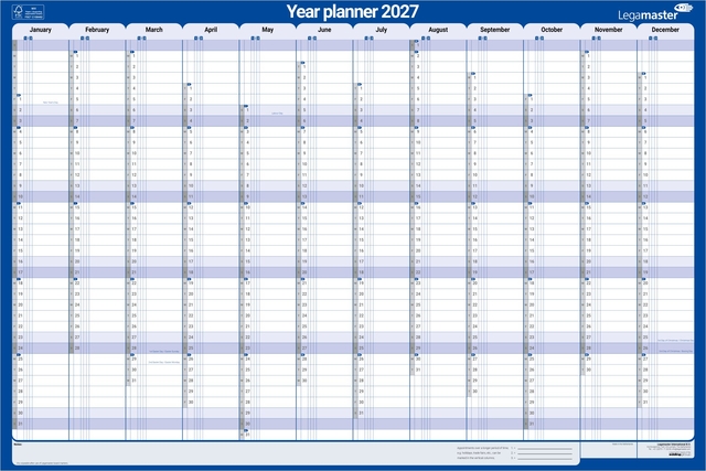 Jaarplanner 2027 Legamaster 1 persoon 90x60cm horizontaal gelamineerd Engelstalig