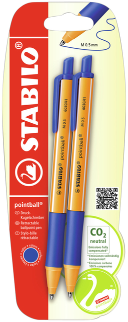 Balpen STABILO pointball 6030/41 medium blauw blister à 2 stuk