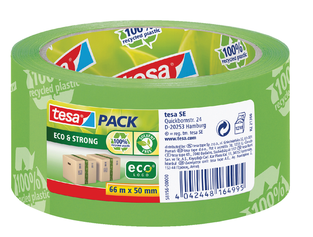 tesapack eco & strong packaging tape, eco-friendly, 66m:50mm, green, printed