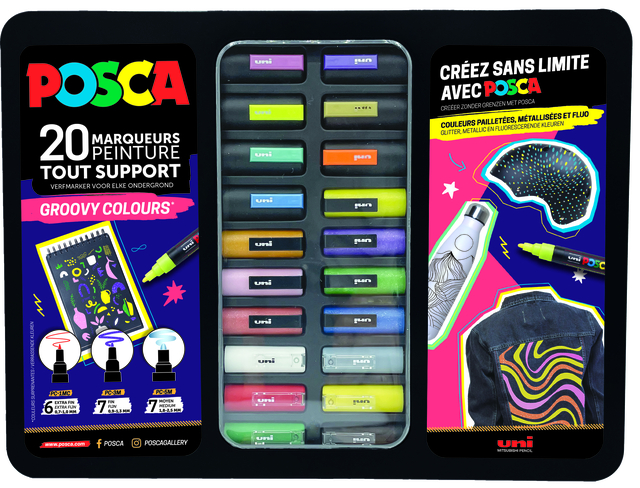 Verfstift Posca Groovy Colours assorti metalen koffer à 20 stuk