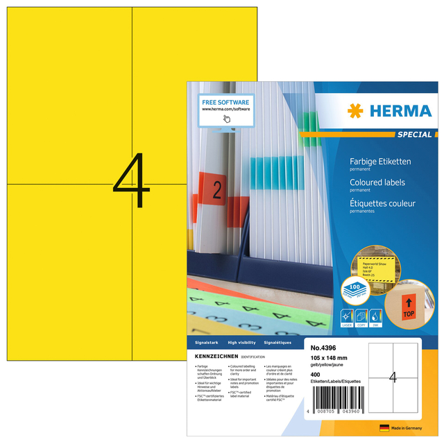 Coloured labels A4, 105 x 148 mm, yellow, permanent adhesion