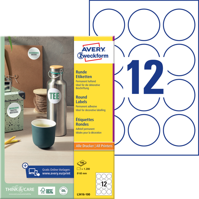 Etiket Avery Zweckform L3416 rond 60mm wit 1200stuks