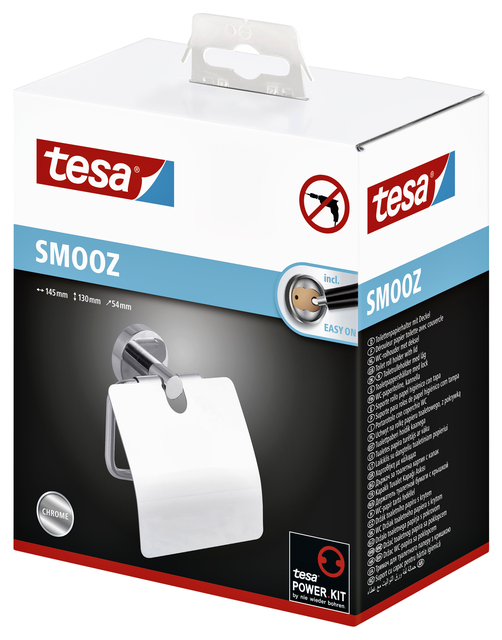 Toiletrolhouder met deksel tesa® Smooz hoogglans verchroomd metaal zelfkleven