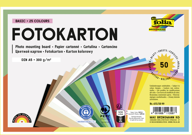 Fotokarton Folia 2-zijdig A5 270gr 50 vel 25 kleuren
