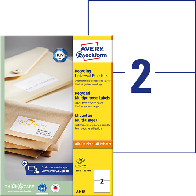 Etiket Avery LR3655 210x148mm recycled wit 200 stuks
