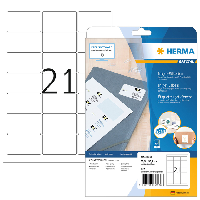 Inkjet address labels A4, 63,5 x 38,1 mm, white, permanent adhesion
