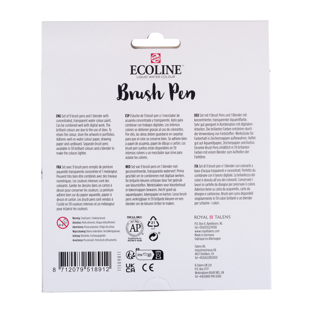 Brushpen Talens Ecoline set á 10 stuks paste