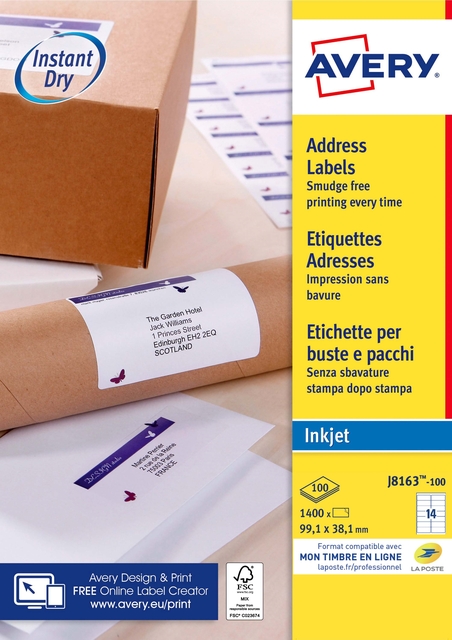Etiket Avery J8163-100 99.1x38.1mm wit 1400stuks