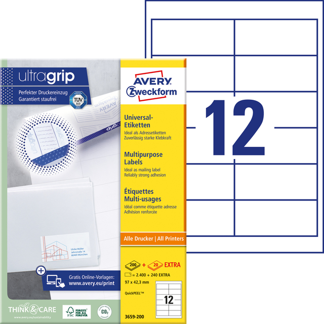 Etiket Avery Zweckform 3659-200 97x42.3mm wit 2400stuks