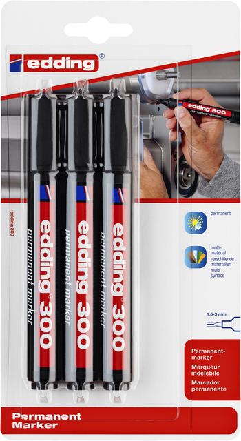 Viltstift edding 300 rond 1.5-3mm zwart blister à 3 stuk