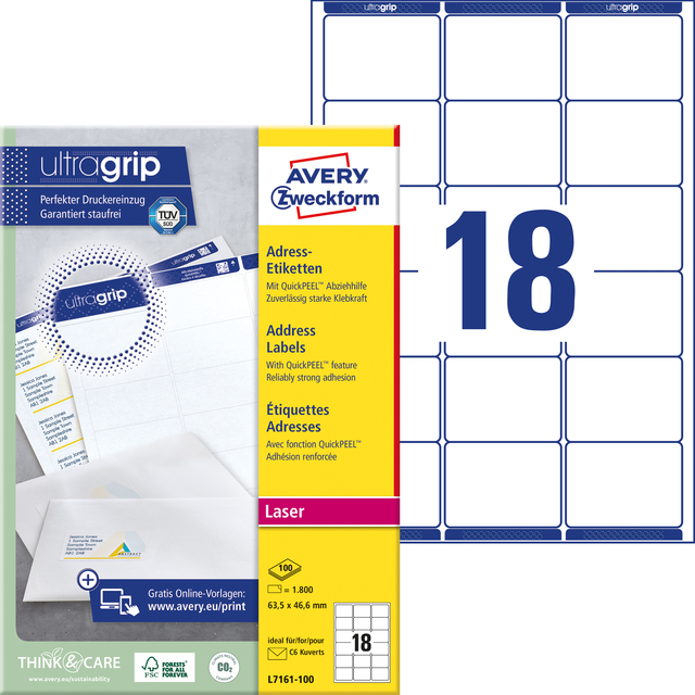 Etiket Avery L7161-100 63.5x46.6mm wit 1800stuks
