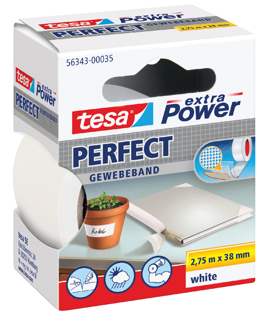 tesa extra Power Perfect extra strong self-adhesive cloth tape,2.75m:38mm, white