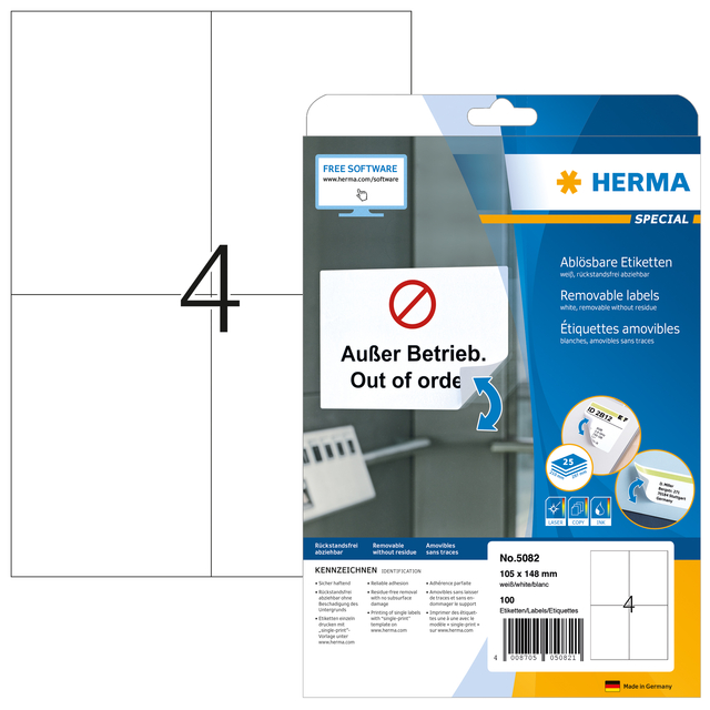 Label HERMA 5082 105x148mm A6 removable white 100 labels
