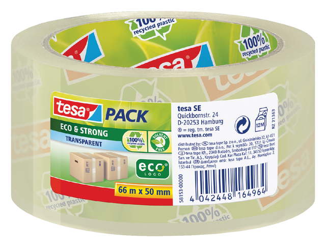 tesapack eco & strong packaging tape, eco-friendly, 66m:50mm, transparent