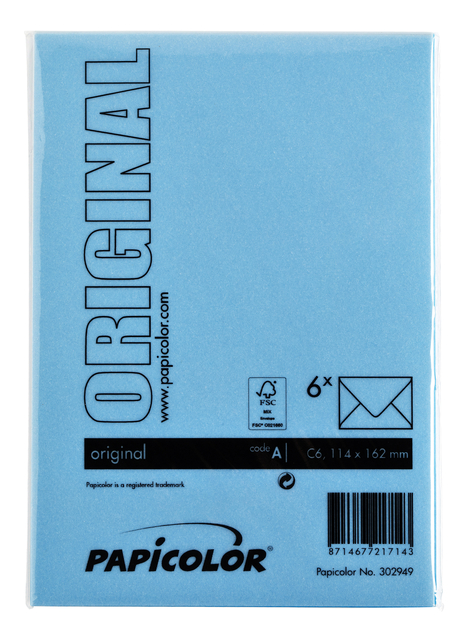 Envelop Papicolor C6 114x162mm hemelsblauw pak à 6 stuks