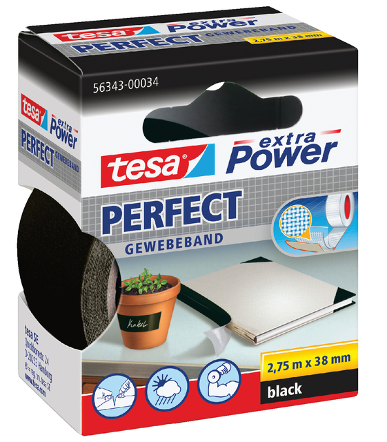 tesa extra Power Perfect extra strong self-adhesive cloth tape,2.75m:38mm, black