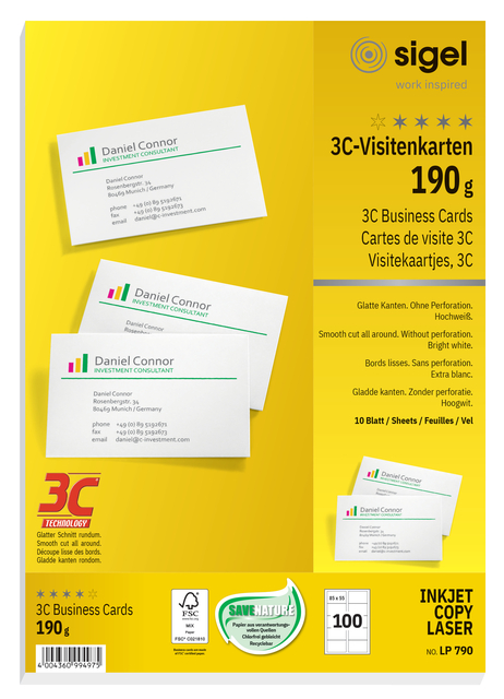 Business cards Sigel 3C 190grs white 100 pieces
