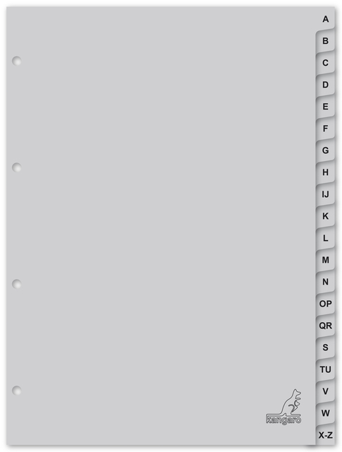 Dividers Kangaro A4 PP 120 micron 4 holes 20 tabs alphabet grey