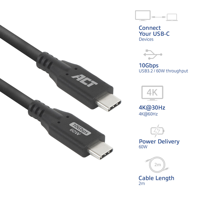 Kabel ACT USB-C 3.2 GEN.2 M/M zwart 2 meter