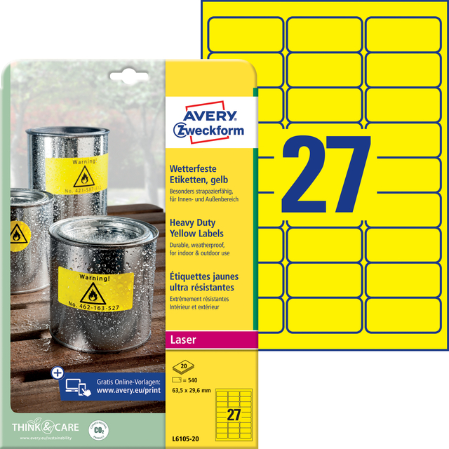 Etiket Avery L6105-20 63.5x29.6mm geel 540 stuks