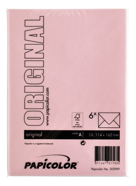 Envelop Papicolor C6 114x162mm babyroze pak à 6 stuk