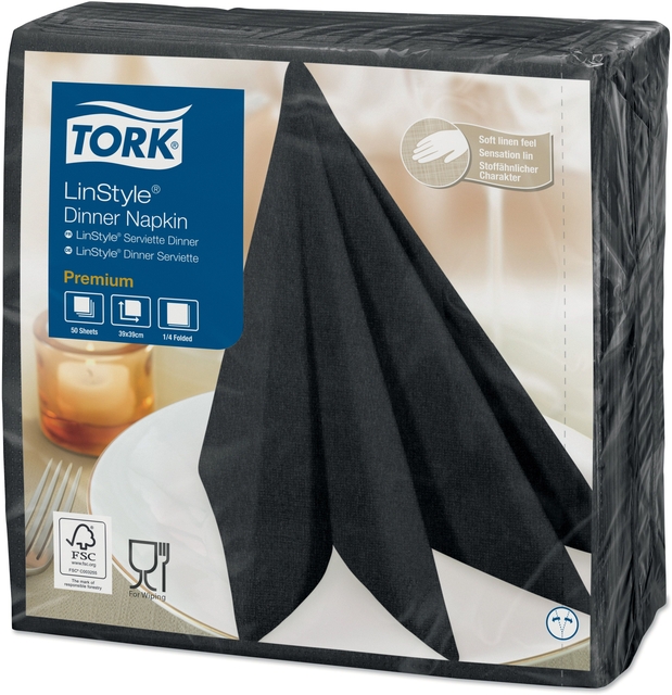 Dinerservet Tork Linstyle Premium 1/4 vouw 1-laags 390x390mm 50 vel zwart 478825