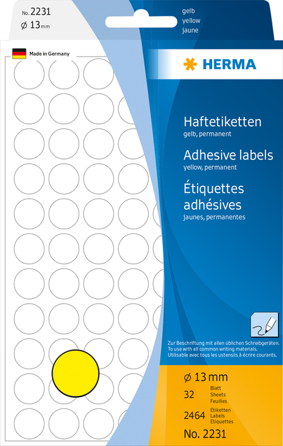Multi-purpose labels / colour dots, Ø 13 mm, round, yellow, permanent adhesion