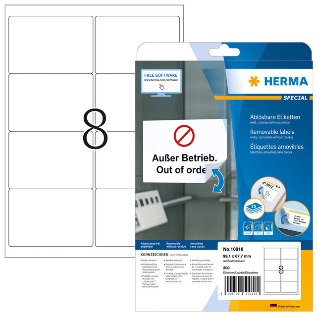 Etiket HERMA 10018 99.1x67.7mm verwijderbaar wit 200 stuks