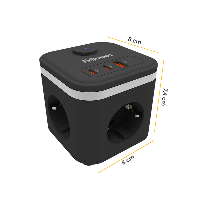 Stekkerblok Fellowes Power Cube F 3vdg 1xUSB A 2xUSB C 2 meter zwart