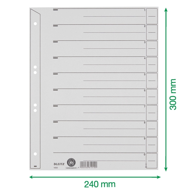 Scheidingsbladen Leitz A4 karton 200gr 6-gaats grijs 100 stuks