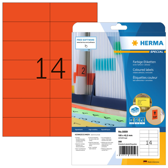 Etiket HERMA 5059 105x42.3mm verwijderbaar rood 280 stuks